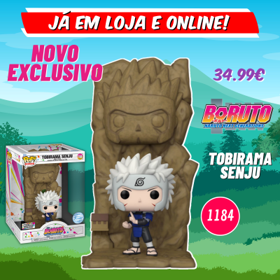 Figura Funko Pop! de Tobirama Senju em frente a estátua de pedra com embalagem de fundo e texto promocional.