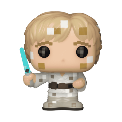 Figura Funko Pop personagem loiro com espada azul e roupa branca pixelada