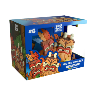 Figura de vinil Aku Aku & Uka Uka em embalagem azul e laranja com design tribal