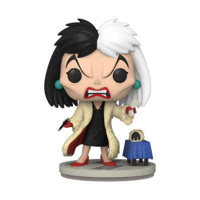 Figura Funko Pop da Cruella com cabelo preto e branco e casaco bege