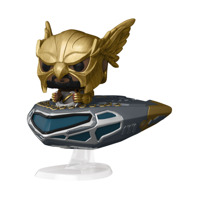 Funko Pop de personagem com capacete dourado numa nave cinzenta em base branca