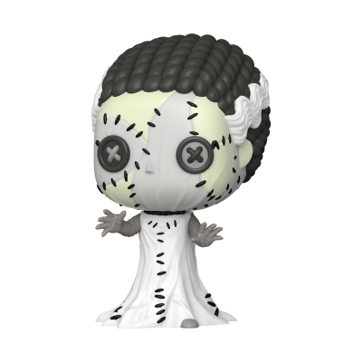 Figura Funko Pop da Noiva de Frankenstein com cabelo preto e branco e pele pálida com costuras pretas