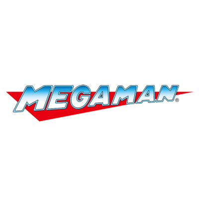Logótipo MEGAMAN azul e vermelho em fundo branco