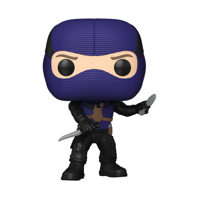 Figura Funko Pop de personagem com fato preto e roxo e máscara.