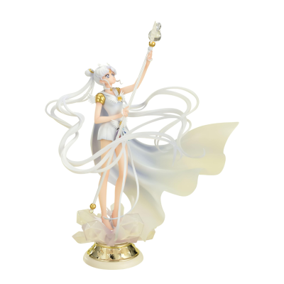 Estátua colecionável de personagem feminina em vestido branco com cetro e base dourada