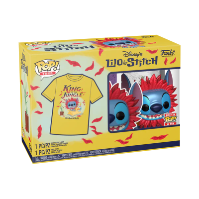Embalagem amarela Disney's Lilo & Stitch Funko Pop com boneco Stitch e t-shirt amarela