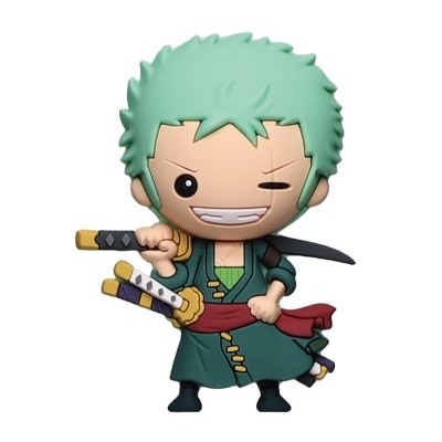 Figurina personagem cabelo verde com espadas e fato verde