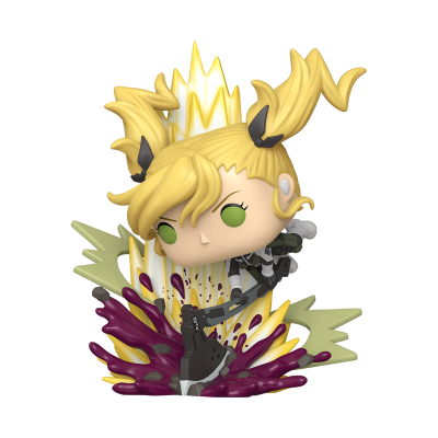 Figura de vinil de personagem loira com cabelo em rabo-de-cavalo e efeito de explosão colorido