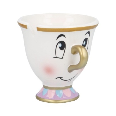 Caneca decorativa branca com rosto desenhado e detalhes dourados