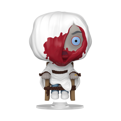 Figura Funko Pop vinil personagem túnica branca sentado em cadeira com cordas castanhas rosto vermelho olho azul