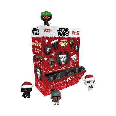 Expositor de caixas Funko Pop! Pocket Star Wars com decoração de Natal e figuras colecionáveis à volta