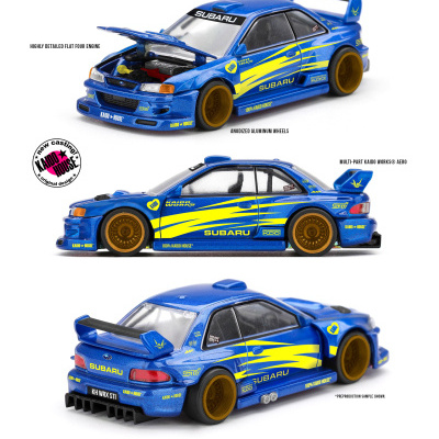 Miniatura de carro Subaru Impreza WRX STI azul com detalhes amarelos e rodas douradas