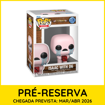 Figura Funko Pop! do personagem Isaac com dados vermelho, embalagem com texto ISAAC WITH D6