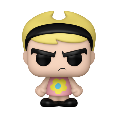 Figura colecionável de vinil com vestido rosa e flor, cabelo amarelo e faixa preta