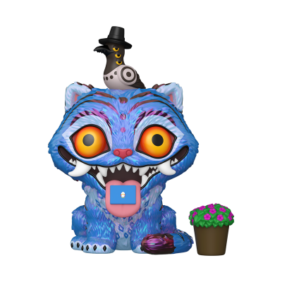 Estátua decorativa de gato azul com pássaro e vaso com flores