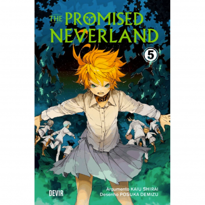 Capa do livro The Promised Neverland volume 5 com personagem loiro e texto amarelo.