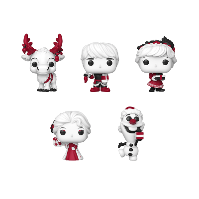 Cinco bonecos colecionáveis Funko Pop com tema festivo em branco, vermelho e preto