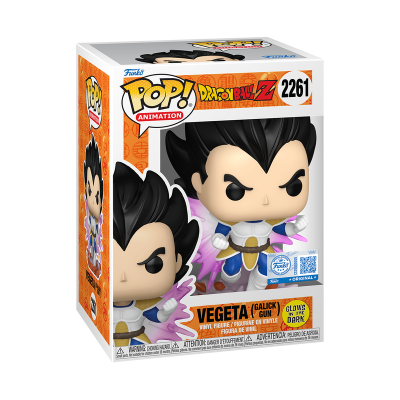 Funko Pop Vegeta Dragon Ball Z com efeitos roxos, caixa laranja e branco