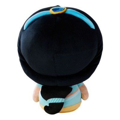 Pelucha soft toy com cabelo preto e fita azul cinza vista de trás