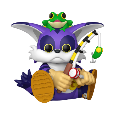 Figura colecionável roxa com sapo verde na cabeça segurando cana de pesca