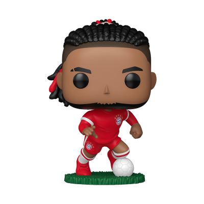 Figura colecionável Funko Pop de jogador de futebol em uniforme vermelho do Bayern Munique com bola e base verde.