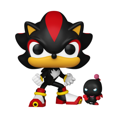 Figura colecionável do personagem Shadow the Hedgehog em vinil com cores preta, vermelha, amarela e branca, acompanhado de pequena figura preta com olhos azuis