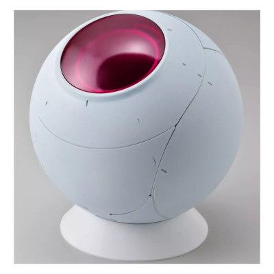 Esfera branca com interior vermelho sobre base circular branca