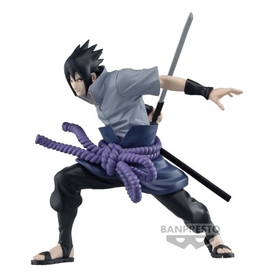 Figura de ação do Sasuke Uchiha em pose de batalha com espada e faixa roxa