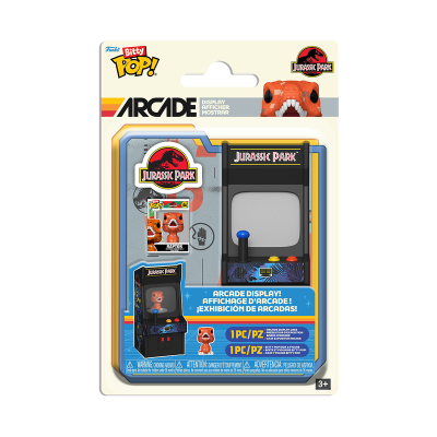 Expositor arcade miniatura Funko Bitty Pop Jurassic Park com figura de dinossauro raptor