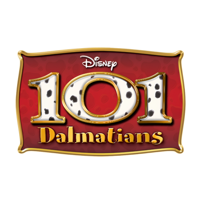 Logotipo Disney 101 Dalmatians com fundo vermelho e números com padrão dálmata