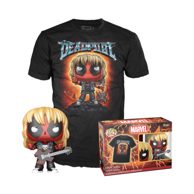 Conjunto Deadpool t-shirt preta, boneco Funko Pop loiro com guitarra e caixa Marvel