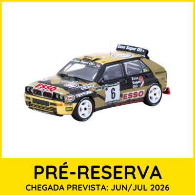 Miniatura de carro de corrida dourado e preto com várias etiquetas e moldura amarela com texto de pré-reserva