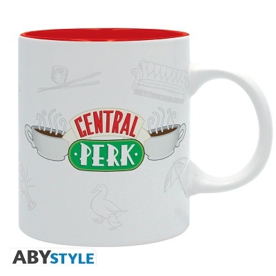 Caneca branca com interior vermelho e logótipo CENTRAL PERK com chávenas de café e desenhos cinzentos.