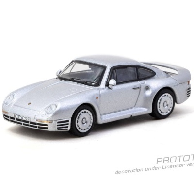 Miniatura de carro desportivo prata com detalhes e texto PROTOTYPE