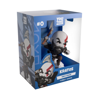 Figura de vinil Kratos em embalagem azul e branca com texto