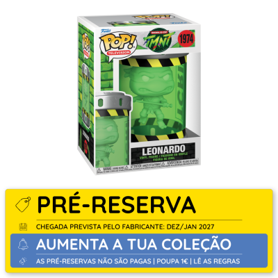 Figura Funko Pop! Leonardo verde translúcido numa caixa com etiqueta de pré-reserva em amarelo e azul.