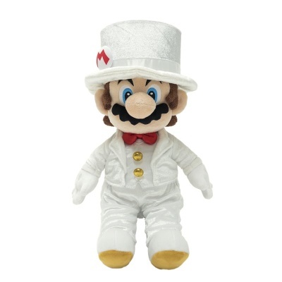 Peluche do Mario com fato branco, chapéu e gravata borboleta