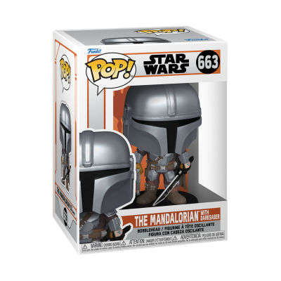 Funko Pop! The Mandalorian with Darksaber, nº 663, Star Wars em embalagem