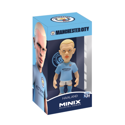 Figura colecionável do Haaland Manchester City na embalagem azul e branca