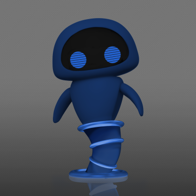 Figura de robô azul com base espiralada e olhos com linhas azuis