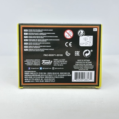 Parte traseira da embalagem do produto Funko com texto de avisos e informações de fabrico.