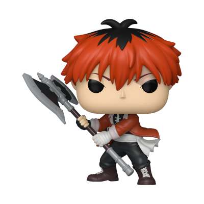 Figura Funko Pop com cabelo laranja segurando arma de duas lâminas