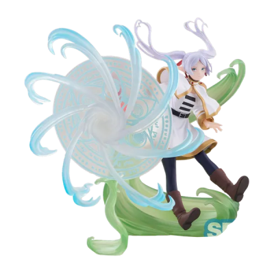 Figura de ação de personagem com túnica branca e efeitos azuis e verdes translúcidos