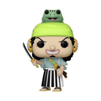 Figura Funko Pop de personagem com boné verde, rã na cabeça, calças listradas e espada