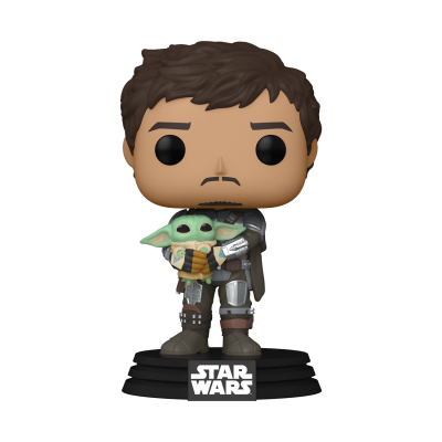 Figura Funko Pop do Star Wars segurando Baby Yoda com base preta e texto STAR WARS