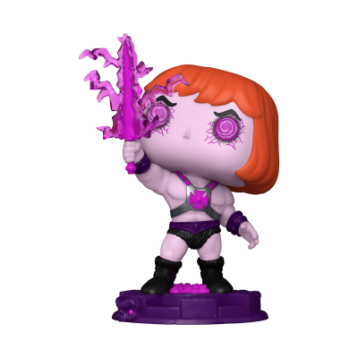 Figura Funko Pop com cabelo laranja, olhos rosa, roupa preta e roxa, segurando espada luminosa roxa