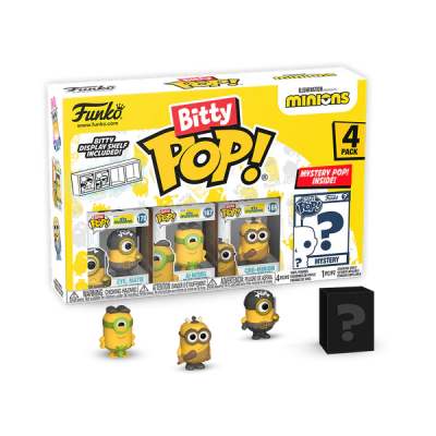 Pack de 4 figuras Bitty Pop! Minions em miniatura com uma figura misteriosa na caixa.
