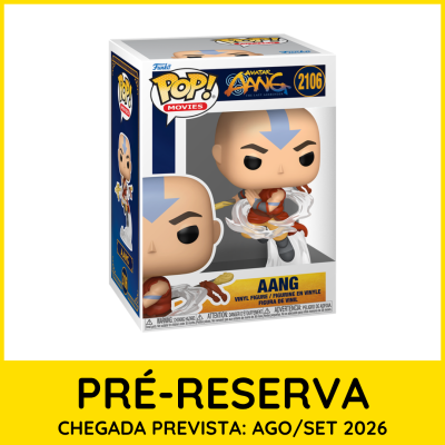 Boneco Funko Pop! Aang com seta azul, roupa vermelha e amarela, na caixa