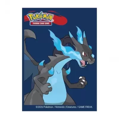Pacote azul do jogo de cartas Pokémon com Charizard preto e chamas azuis