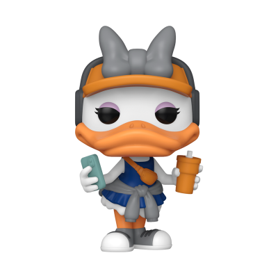 Figura Funko Pop de pato com laço cinzento, vestido azul, segurando telemóvel verde e copo laranja